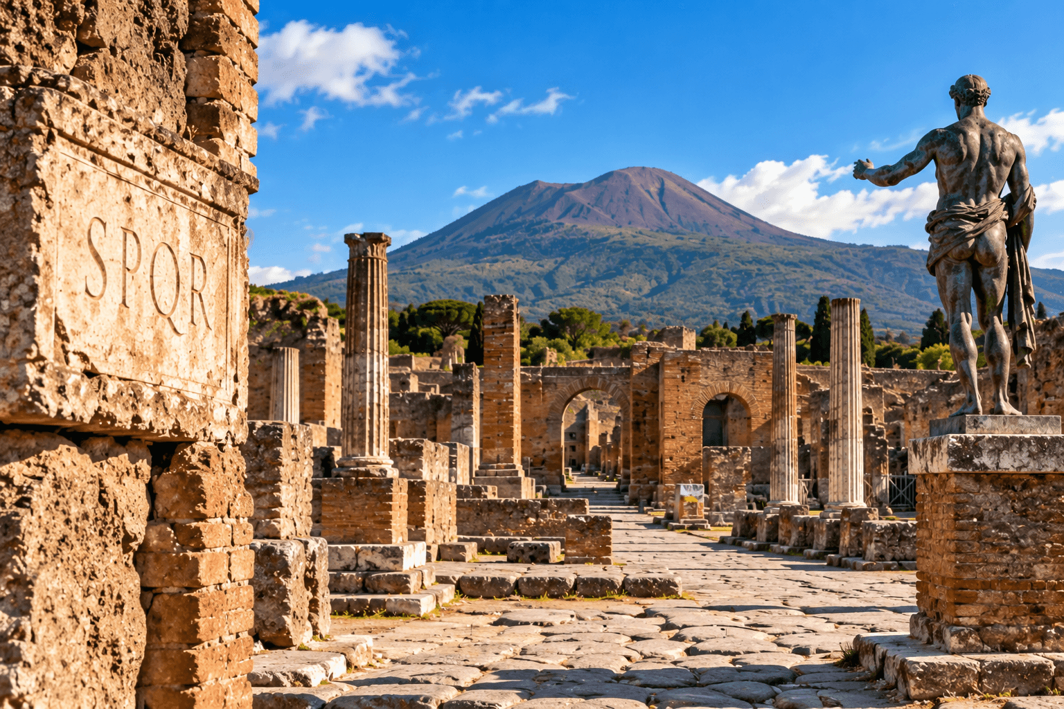 Ancient ruins of Pompeii with Roman streets, columns, statues and Mount Vesuvius in the background.
