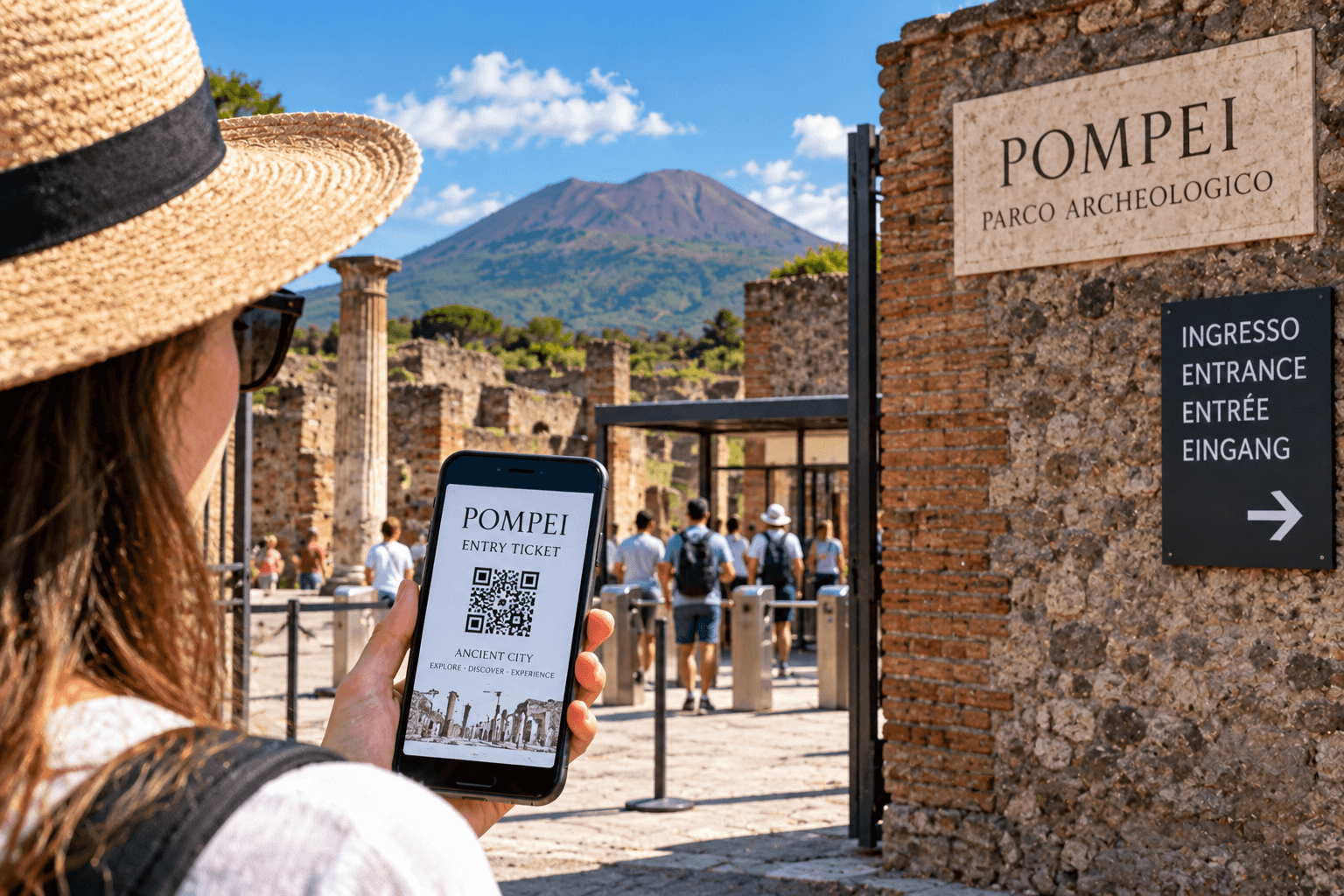 Visitor showing a digital Pompeii entry ticket on a smartphone near the archaeological site entrance with Mount Vesuvius in the background.